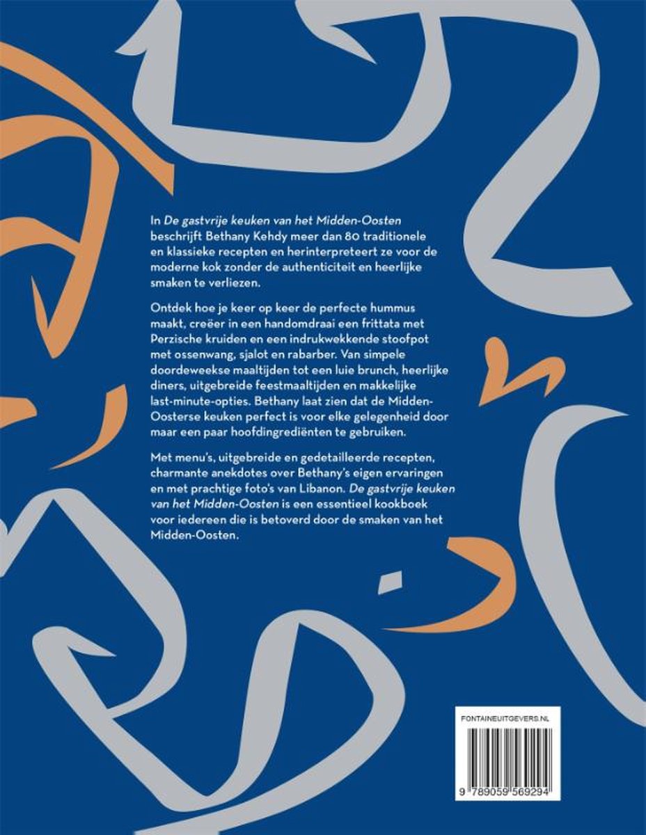 Achterkant van een kookboek met de titel 'De gastvrije keuken van het Midden-Oosten' en een barcode.