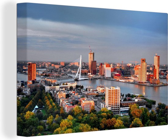 Canvas Schilderij Rotterdam - Erasmus - Brug - Skyline - 90x60 cm - Wanddecoratie