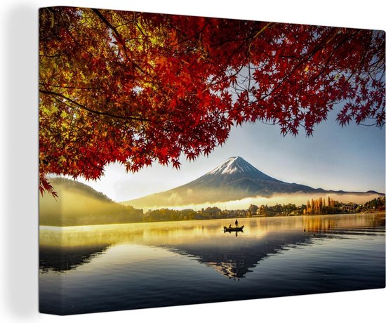 Canvas Schilderij Reflectie van de Fuji berg in een meer - 120x80 cm - Wanddecoratie