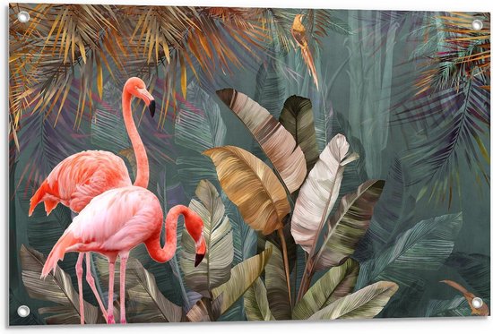 Tuinposter – Foto van Flamingo's tussen de Bladeren - 90x60cm Foto op Tuinposter  (wanddecoratie voor buiten en binnen)