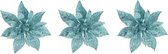 3x stuks decoratie bloemen kerststerren ijsblauw glitter op clip 15 cm - Decoratiebloemen/kerstboomversiering