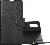 Zijden textuur horizontaal flip lederen hoesje voor Galaxy A10 / M10, met houder en kaartsleuven en portemonnee en fotolijst (zwart)
