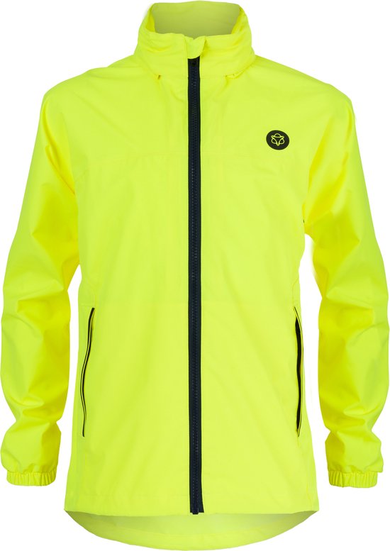 Ciré jaune fluo avec fermeture éclair noire et logo sur la poitrine.