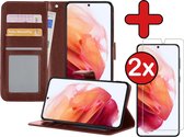 Samsung S21 Plus Hoesje Book Case Met 2x Screenprotector - Samsung Galaxy S21 Plus Case Wallet Hoesje Met 2x Screenprotector - Bruin