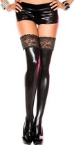 Wetlook Kousen Met Kanten Top - Zwart