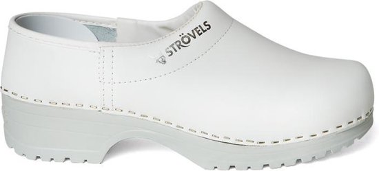 Witte Stövels klomp met grijze zool en witte stiksels.