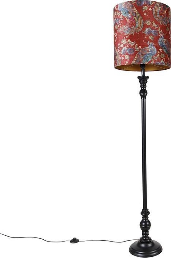 QAZQA classico - Lampadaire classique | Lampadaire avec abat-jour - 1 lumière - H 172 cm - Imprimé paon rouge - Salon | Chambre à coucher