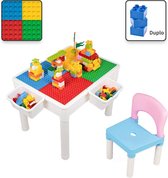 Decopatent® - Kindertafel met 1 Stoeltje - Speeltafel met bouwplaat en vlakke kant - 2 Bakjes - Geschikt voor Duplo® Bouwstenen