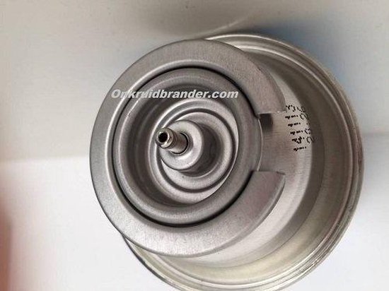 Close-up van de bovenkant van een gasbus met een spiraalvormig metalen ventiel en de tekst "Onkruidbrander.com".
