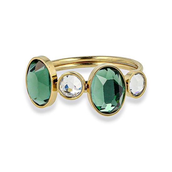 My Bendel - Set van twee gouden ringen met groene zirkonia en kristal - Mooie ringenset van twee gouden ringen met groene en kristal stenen - Met luxe cadeauverpakking