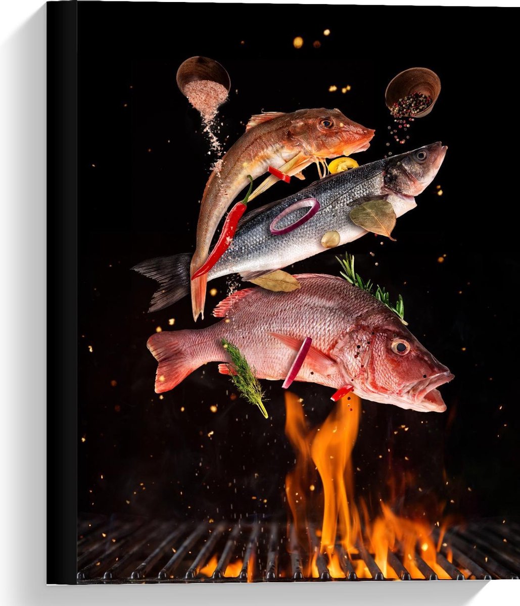 Canvas - Vissen met Specerijen op de BBQ - 30x40cm Foto op Canvas Schilderij (Wanddecorati