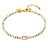 Twice As Nice Armband in goudkleurig edelstaal, witte kristallen en 1 roze rechthoekige kristal  16 cm+3 cm