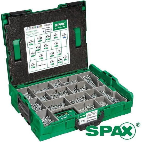 SPAX assortimentsbox schroeven torx platkop 16 maten inclusief bitset (bitcheck) in l-box 2446 stuks - Spax