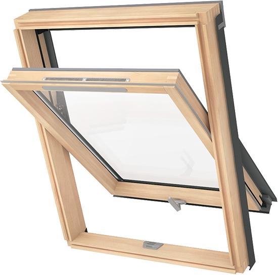 Foto: Solstro dakraam grenenhout dubbele beglazing ventilatieventiel gekoppeld aan leigootstuk c2a 55 x 78cm