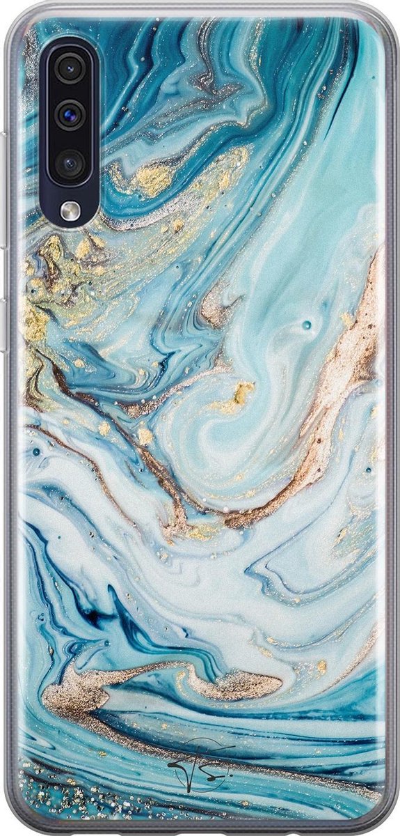 Samsung Galaxy A50 siliconen hoesje - Marmer blauw goud - Soft Case Telefoonhoesje - Blauw - Marmer
