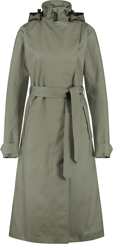 Long trench-coat vert avec ceinture à la taille et capuche, photographié de face.