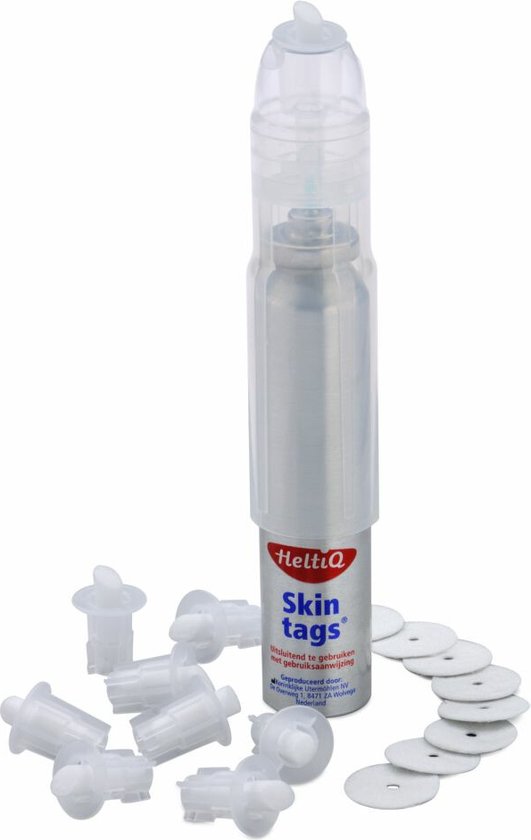 HeltiQ Steelwratjes spray met witte dop, 8 applicators en ronde pleisters op de grond.