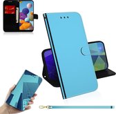 Voor Galaxy A21 Lmitated Mirror Surface Horizontale Flip Leather Case met houder & kaartsleuven & Wallet & Lanyard (blauw)