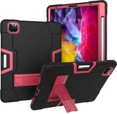 Voor iPad Pro 12.9 (2018) / (2020) Contrasterende kleur siliconen + pc-beschermhoes met houder (zwart + rozerood)