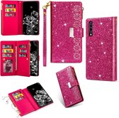 Voor Samsung Galaxy A50 / A30s / A50s Multi-kaartsleuven Sterrenhemel Lasergravure Glitter Rits Horizontale Flip Leren Case met Houder & Portemonnee & Lanyard (Rose Rood)