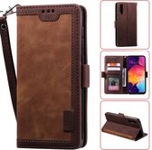 Voor Galaxy A50 retro splicing horizontale flip lederen tas met kaartsleuven en houder en portemonnee (bruin)