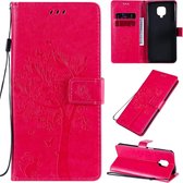 Voor Xiaomi Redmi Note 9 Pro Tree & Cat reliÃ«fpatroon Horizontale flip lederen tas met houder & kaartsleuven & portemonnee & lanyard (rose rood)