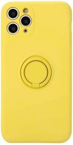 Voor iPhone 11 effen kleur vloeibare siliconen schokbestendige volledige dekking beschermhoes met ringhouder (geel)