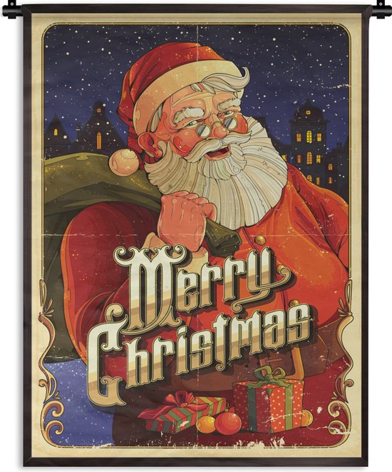 Tapisserie de Noël Vintage - Affiche de Noël Vintage avec le Père Noël tapisserie coton 60x80 cm - Galerie des tapisseries