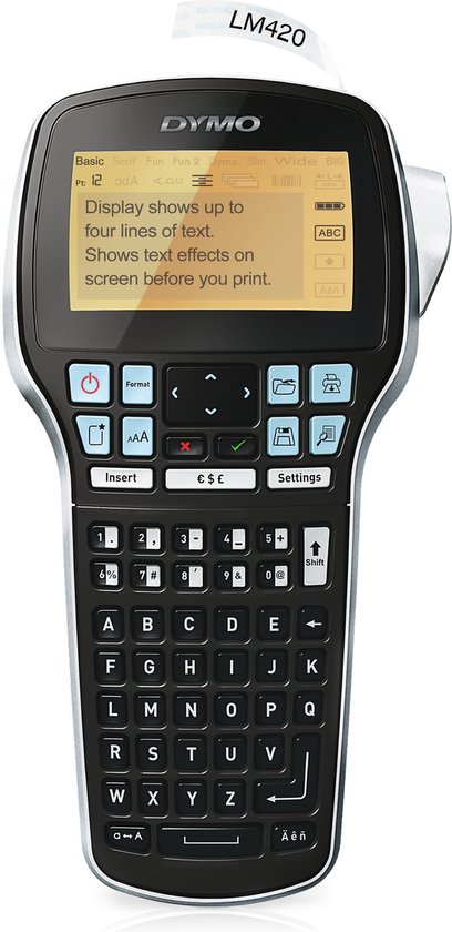 Dymo LabelManager 420P labelmaker met QWERTY-toetsenbord en een oranje scherm dat tekst toont.