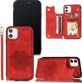 Voor iPhone 11 Mandala reliëf PU + TPU hoesje met houder & kaartsleuven & fotolijst & draagriem (rood)