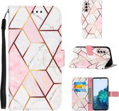 Voor Samsung Galaxy S21 5G Marmer Stiksels Horizontale Flip PU Lederen Case met Houder & Kaartsleuven & Portemonnee & Lanyard (Roze Wit)