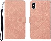 Etnische stijl reliëf patroon horizontale flip lederen tas met houder & kaartsleuven & portemonnee & lanyard voor iPhone XS / X (roze)