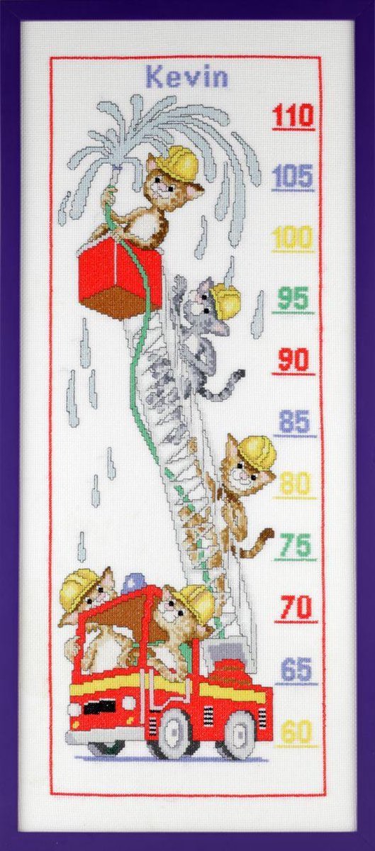 Pako Borduurpakket - telpatroon met code kaart - Groeimeter katten brandweer -223.761 - voorgesorteerdgaren - Aida - 22 x 59 cm - DIY kit