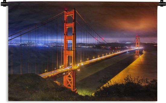 Wandkleed Golden Gate Bridge - De Golden Gate Bridge in de nacht verlicht Wandkleed katoen 150x100 cm - Wandtapijt met foto