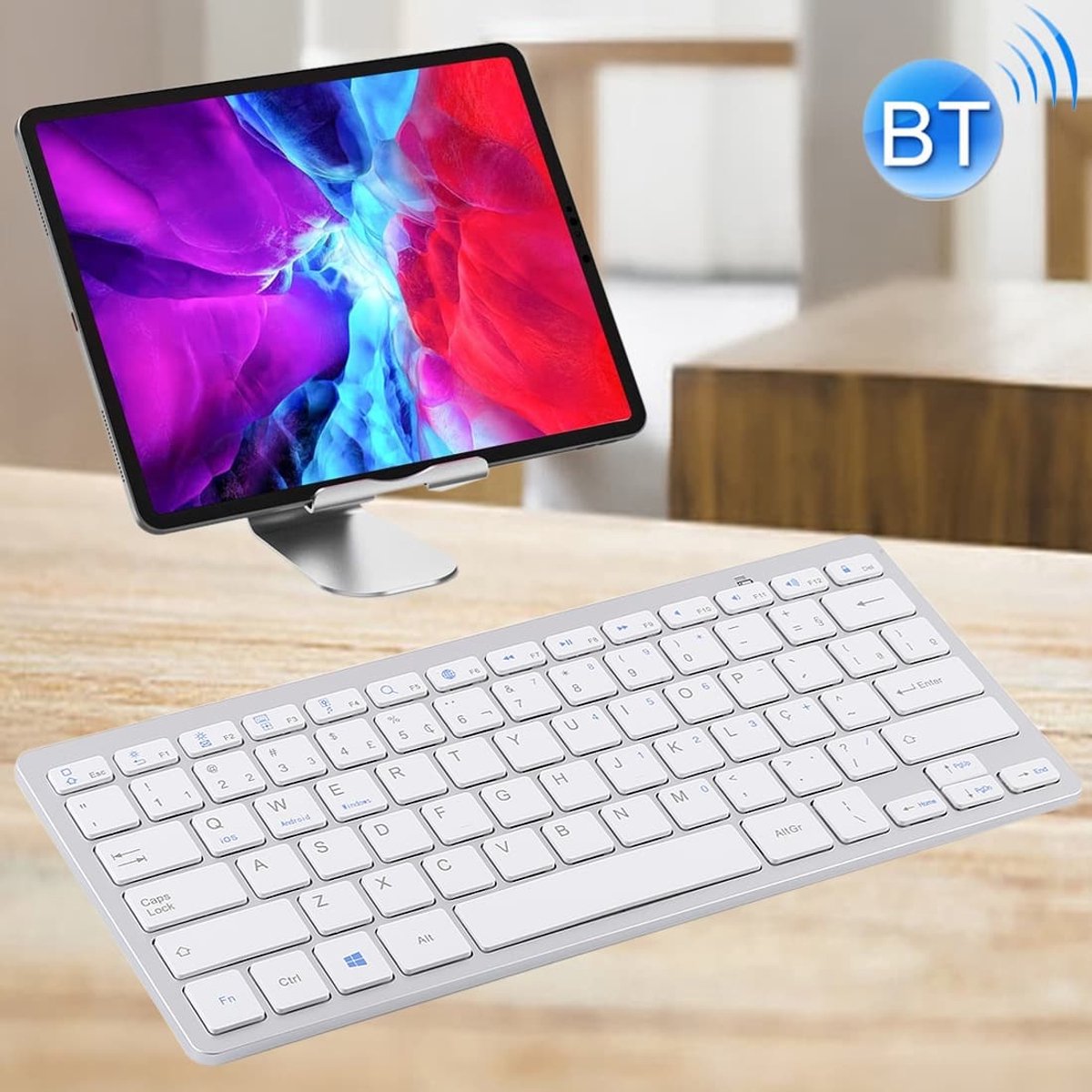 WB-8022 Ultradun draadloos Bluetooth-toetsenbord voor iPad, Samsung, Huawei, Xiaomi, tablet-pc's of smartphones, Portugese toetsen (zilver)