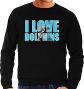 Tekst sweater I love dolphins met dieren foto van een dolfijn zwart voor heren - cadeau trui dolfijnen liefhebber 2XL