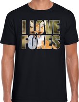 Tekst shirt I love foxes met dieren foto van een vos zwart voor heren - cadeau t-shirt vossen liefhebber L
