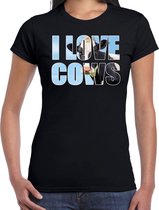 Tekst shirt I love cows met dieren foto van een koe zwart voor dames - cadeau t-shirt koeien liefhebber XS