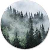 Wandcirkel Misty Forest op hout - WallCatcher | Multiplex 100 cm rond | Houten muurcirkel bos in de mist