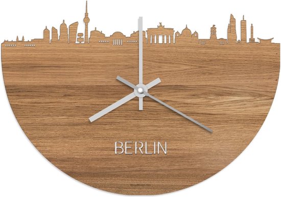 Skyline Klok Berlijn Eikenhout - Ø 40 cm - Stil uurwerk - Wanddecoratie - Meer steden beschikbaar - Woonkamer idee - Woondecoratie - City Art - Steden kunst - Cadeau voor hem - Cadeau voor haar - Jubileum - Trouwerij - Housewarming - WoodWideCities
