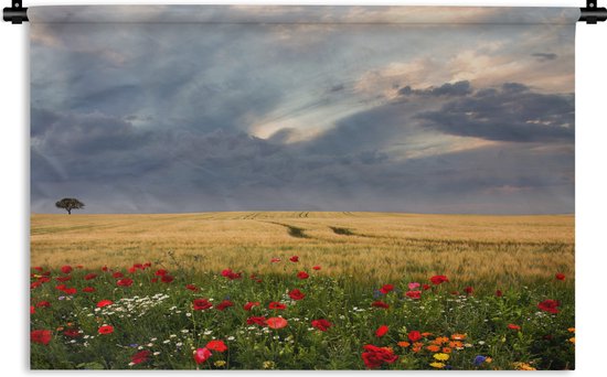 Wandkleed Bloemenweide - Bloemenweide voor een veld met tarwe Wandkleed katoen 90x60 cm - Wandtapijt met foto