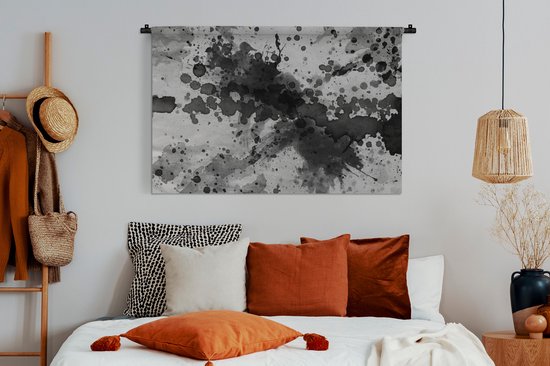 Tenture murale Aquarelle Abstrait - Oeuvre abstraite faite d'aquarelle et de projections de peinture sur fond gris Tenture murale coton 120x80 cm - Tapisserie murale avec photo