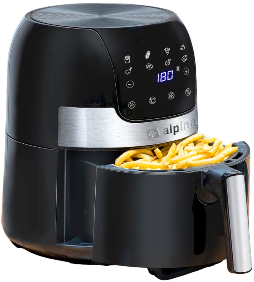alpina Airfryer 4.5L- Heteluchtfriteuse voor 2 tot 4 Personen - Air Fryer met Instelbare Temperatuur van 80°C tot 200°C - Timer tot 60 Minuten - Hetelucht Friteuse 1400W - Zwart