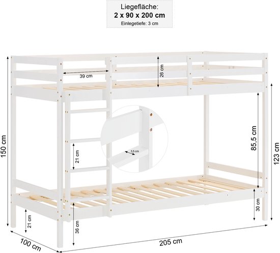 Wit stapelbed met afmetingen en details van de constructie