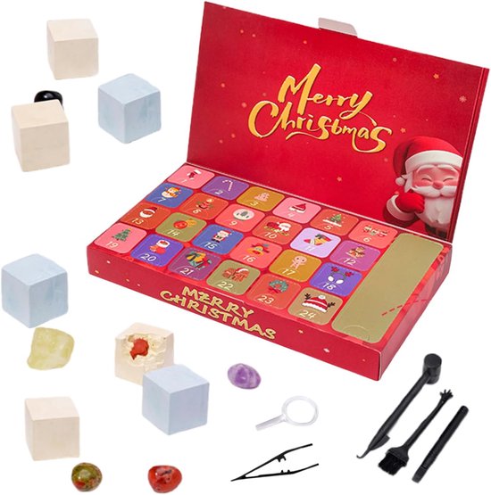 Adventskalender 2025 - Adventskalender voor kinderen - Kerstaftelkalender - Kerstmis - 24 dagen aftellen naar Kerstmis - - Kerstmis - Kerstaftelcadeau - Kristal- en steengraafdoos - Met gereedschap - Cadeau voor kinderen, jongens en meisjes - Rood