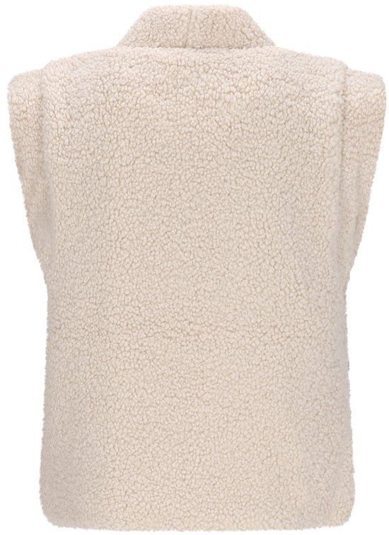 Crème teddy gilet, achterkant. Gilet is mouwloos en heeft een kraag.