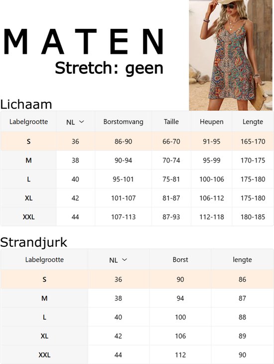 Maattabel voor dameskleding en strandjurken met maten S tot XXL.