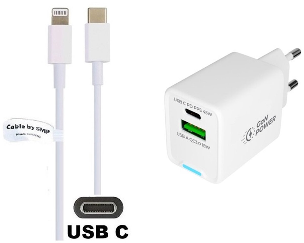 OneOne 45W super snellader met 2 poorten + 0,95m OneOne USB C naar Lightning kabel. PD lader. Oplader adapter past op Apple iPhone SE 2, iPhone 8, iPhone 8 Plus, iPhone 10, iPhone X, iPhone XR, iPhone XS, iPhone XS Max, iPhone 11
