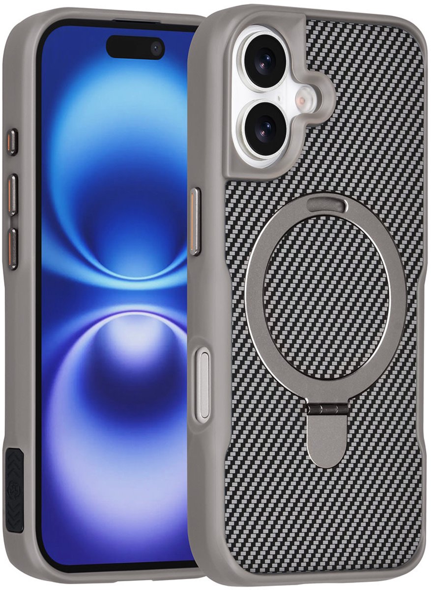 TUNIQ Back cover voor iPhone 16 - MagSafe - Met Ringstand - Carbon Fiber - Zilver