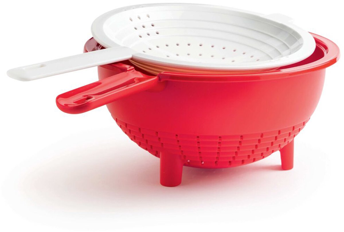 Tupperware Double Colander - 2 Delig - Dubbele Zeef - Passeerzeef - Slacentrifuge -BPA-vrije - Afwasmachinebestendig - Rood 2L & Wit 400ml